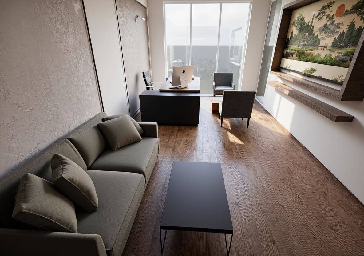 Penthouse living area opening toward the terrace — featured render